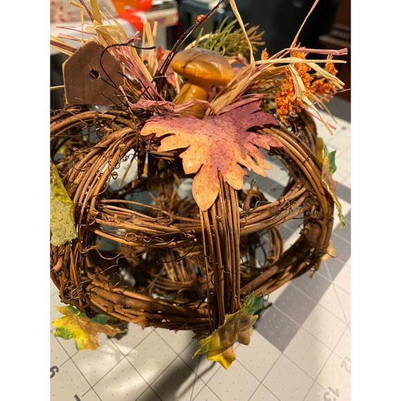 Whicker Pumpkin Shaped Basket, Fall Decor, Shelf Sitter, Mushroom, Leaves - Picture 1 of 11